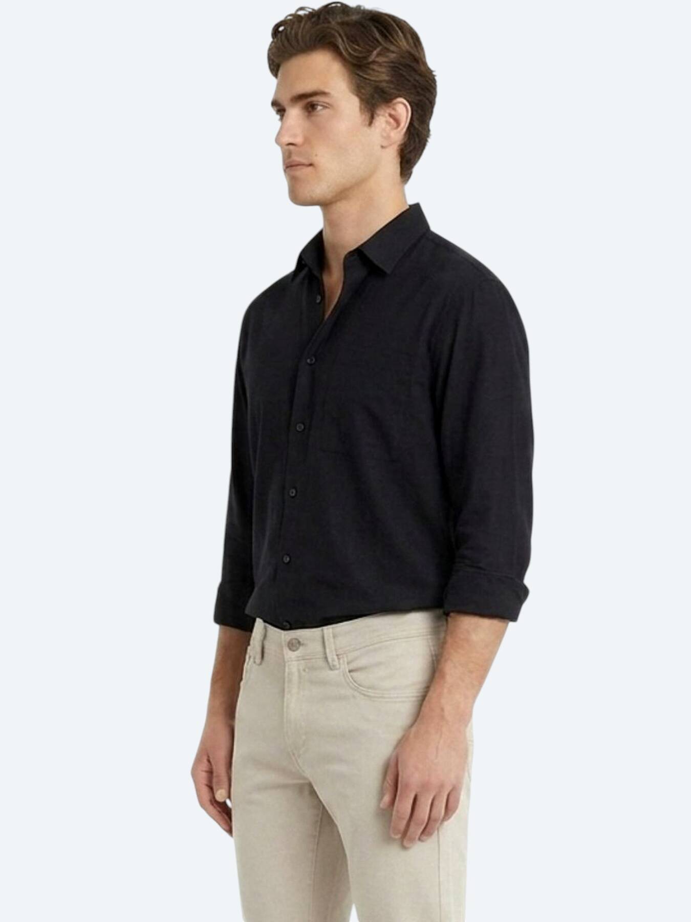 Siyah Düz Oversize Fit Uzun Dokuma Casual Gömlek