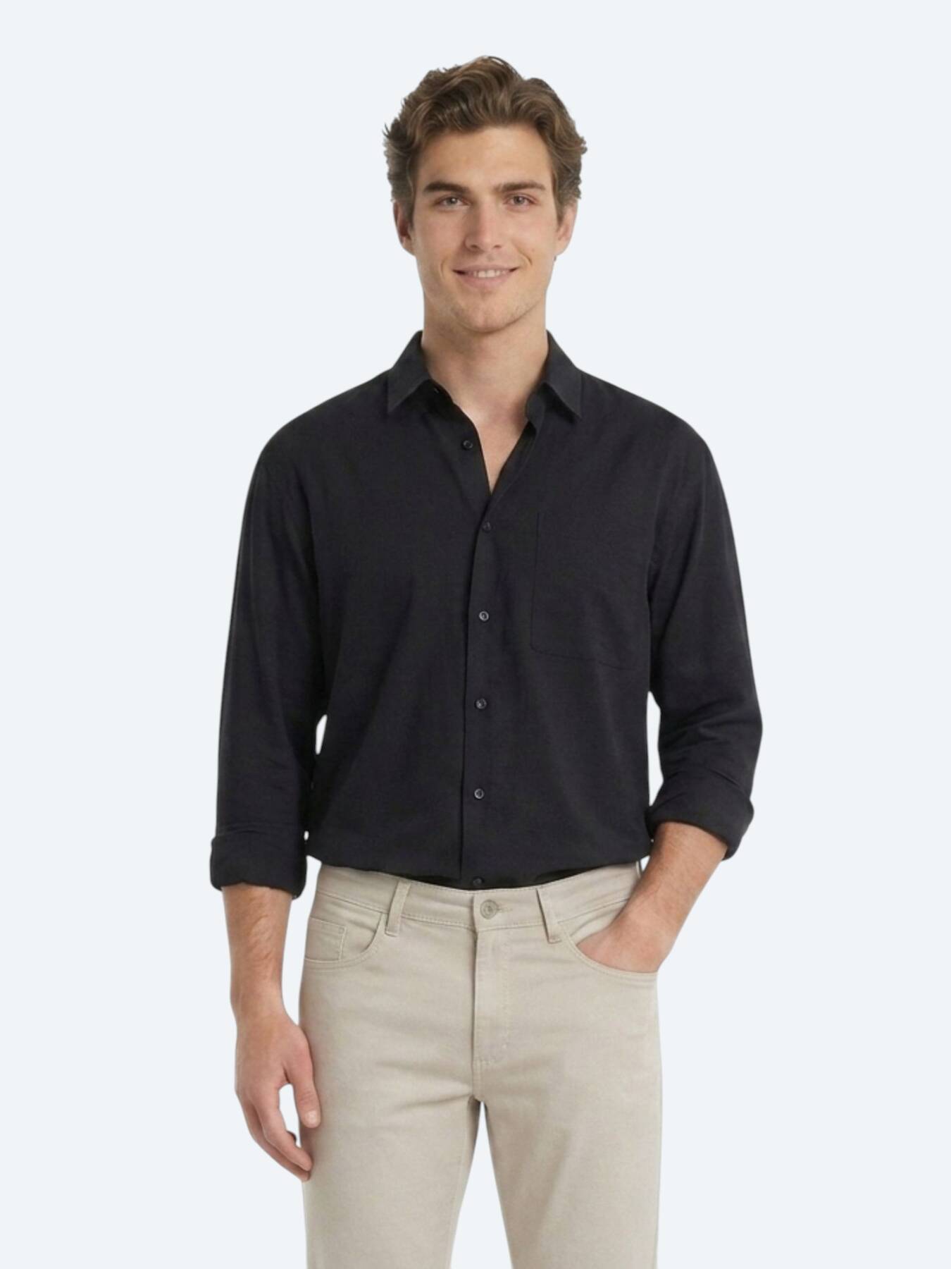 Siyah Düz Oversize Fit Uzun Dokuma Casual Gömlek