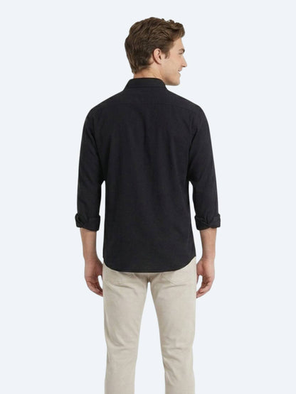 Siyah Düz Oversize Fit Uzun Dokuma Casual Gömlek