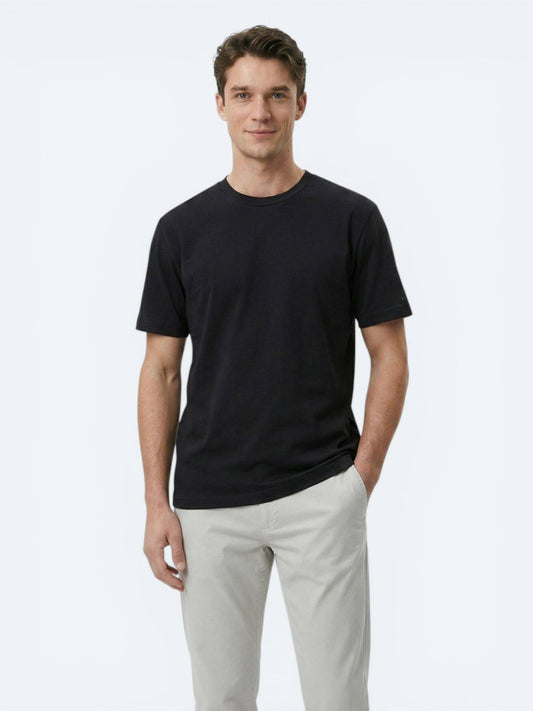 Siyah Düz Pamuk Karışımlı T-shirt