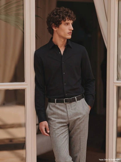 Siyah Düz Regular Fit Uzun Casual %100 Pamuk Gömlek