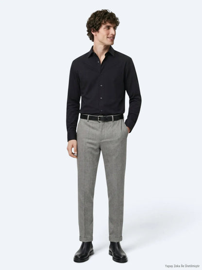 Siyah Düz Regular Fit Uzun Casual %100 Pamuk Gömlek