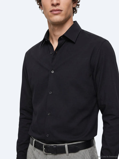 Siyah Düz Regular Fit Uzun Casual %100 Pamuk Gömlek