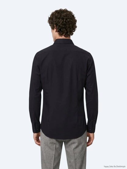Siyah Düz Regular Fit Uzun Casual %100 Pamuk Gömlek
