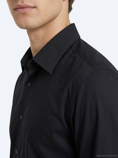 Siyah Düz Regular Fit Uzun Casual Gömlek