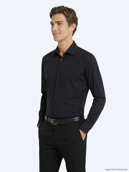 Siyah Düz Regular Fit Uzun Casual Gömlek