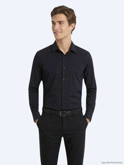 Siyah Düz Regular Fit Uzun Casual Gömlek