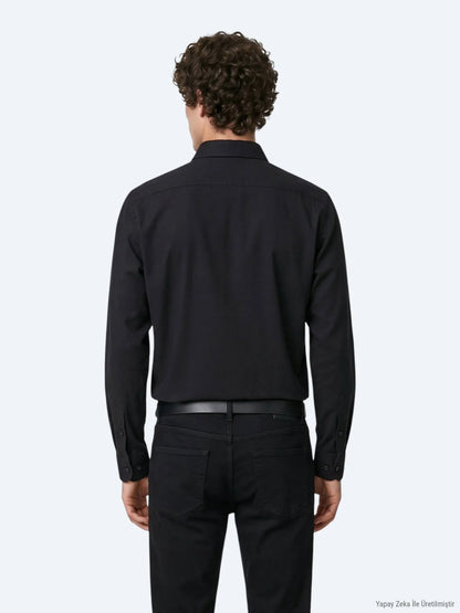 Siyah Düz Regular Fit Uzun Dokuma Casual Gömlek