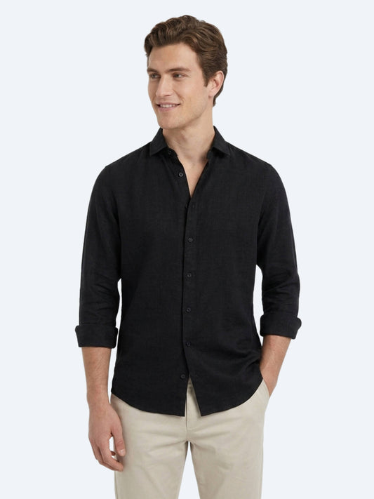 Siyah Düz Regular Fit Uzun Dokuma Casual Pamuk Karışımlı Gömlek