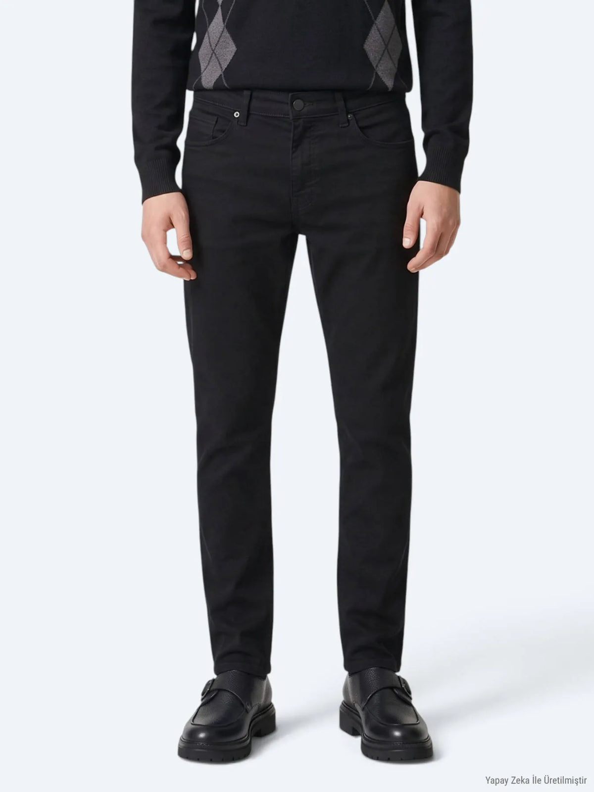 Siyah Düz Slim Fit Denim Pamuk Karışımlı Pantolon