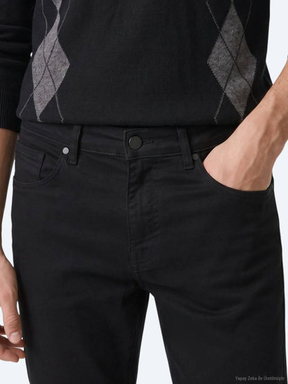 Siyah Düz Slim Fit Denim Pamuk Karışımlı Pantolon