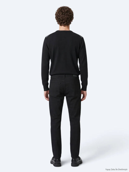 Siyah Düz Slim Fit Denim Pamuk Karışımlı Pantolon