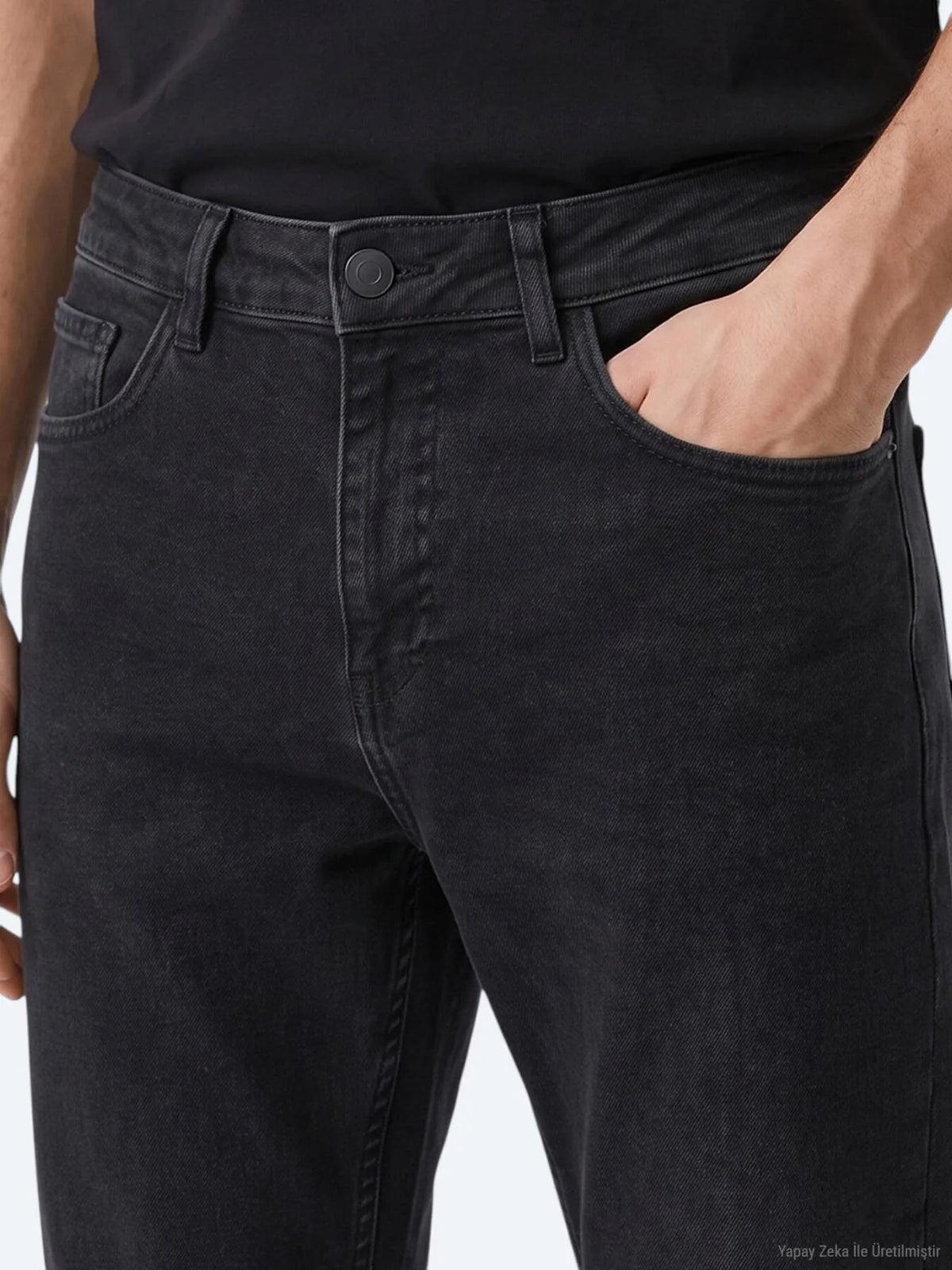 Siyah Düz Slim Fit Denim Pamuk Karışımlı Pantolon