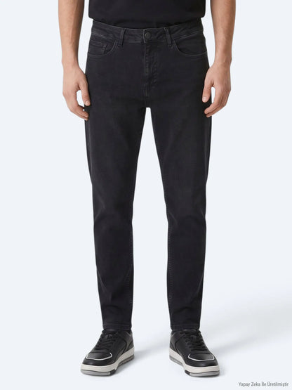 Siyah Düz Slim Fit Denim Pamuk Karışımlı Pantolon