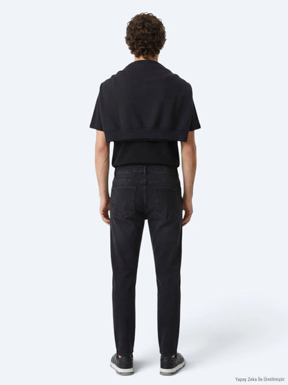 Siyah Düz Slim Fit Denim Pamuk Karışımlı Pantolon