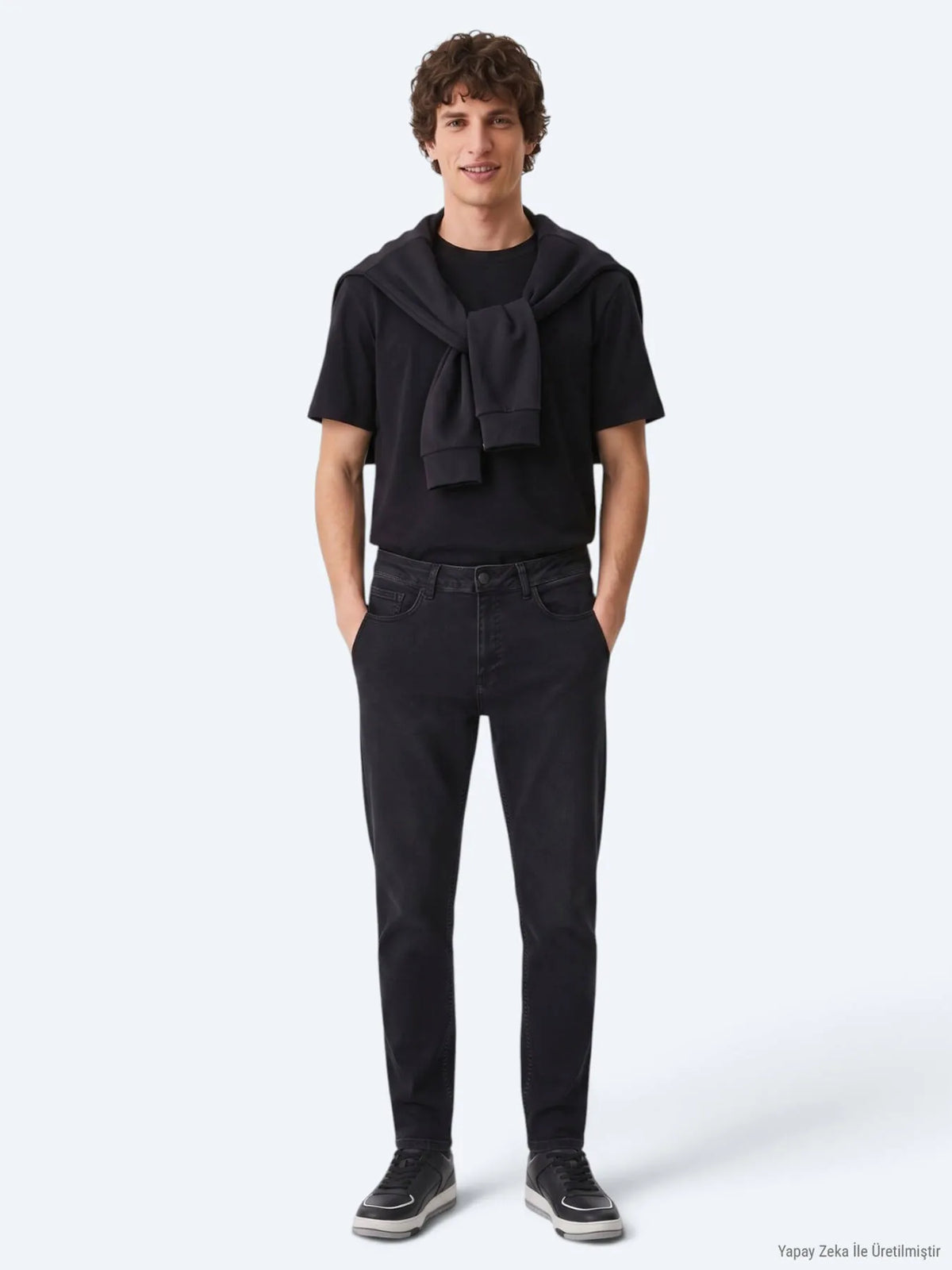 Siyah Düz Slim Fit Denim Pamuk Karışımlı Pantolon