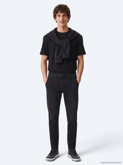 Siyah Düz Slim Fit Denim Pamuk Karışımlı Pantolon