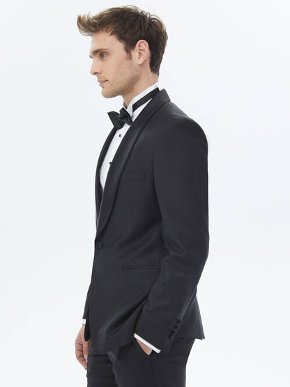 Siyah Düz Slim Fit Şal Yaka Dokuma Smokin Takım Elbise