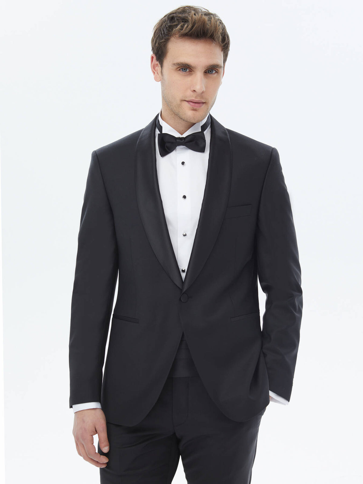 Siyah Düz Slim Fit Şal Yaka Dokuma Smokin Takım Elbise