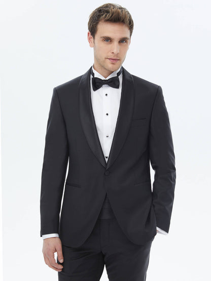 Siyah Düz Slim Fit Şal Yaka Dokuma Smokin Takım Elbise