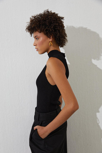 Siyah Yarım Balıkçı Kolsuz Triko