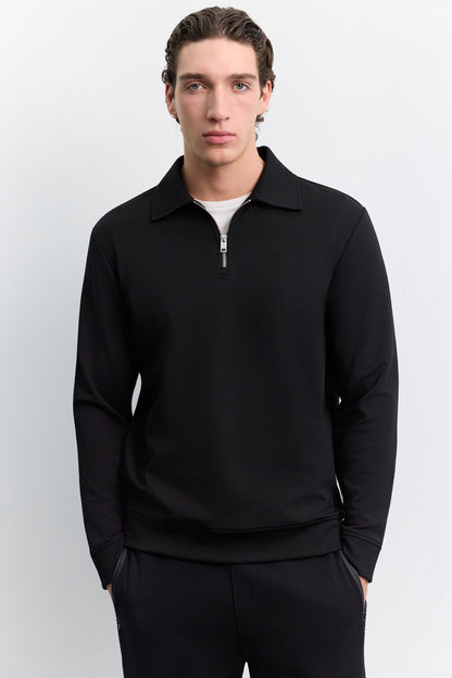 Siyah Polo Yaka Fermuarlı Kolay Ütülenen Sweatshirt