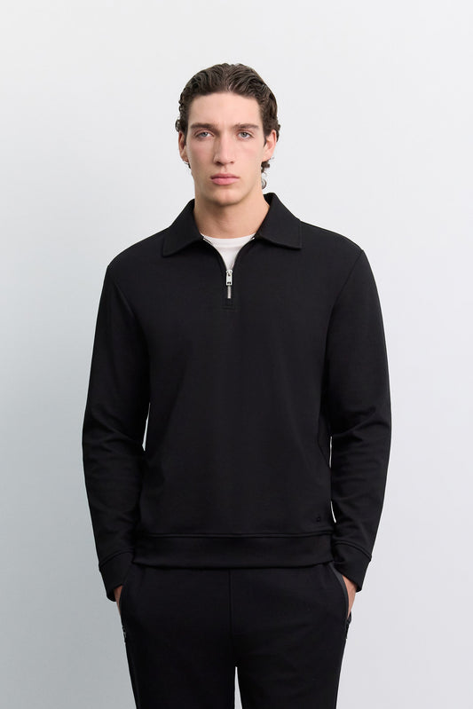 Siyah Polo Yaka Fermuarlı Kolay Ütülenen Sweatshirt