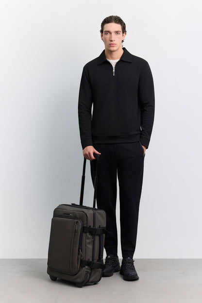 Siyah Polo Yaka Fermuarlı Kolay Ütülenen Sweatshirt