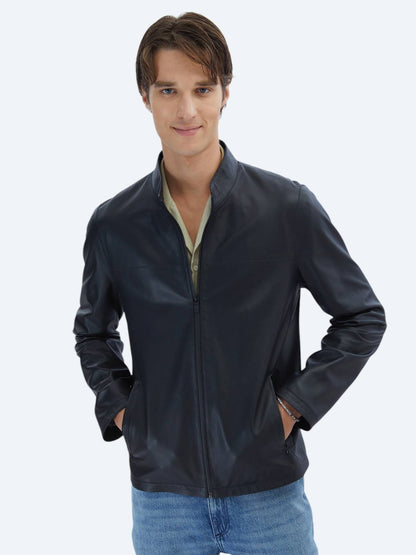Siyah Regular Fit Dik Yaka Smart Casual Koyun Derisi Deri Mont