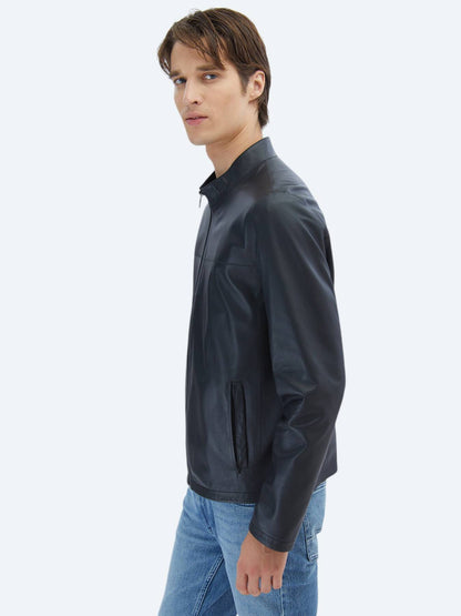 Siyah Regular Fit Dik Yaka Smart Casual Koyun Derisi Deri Mont