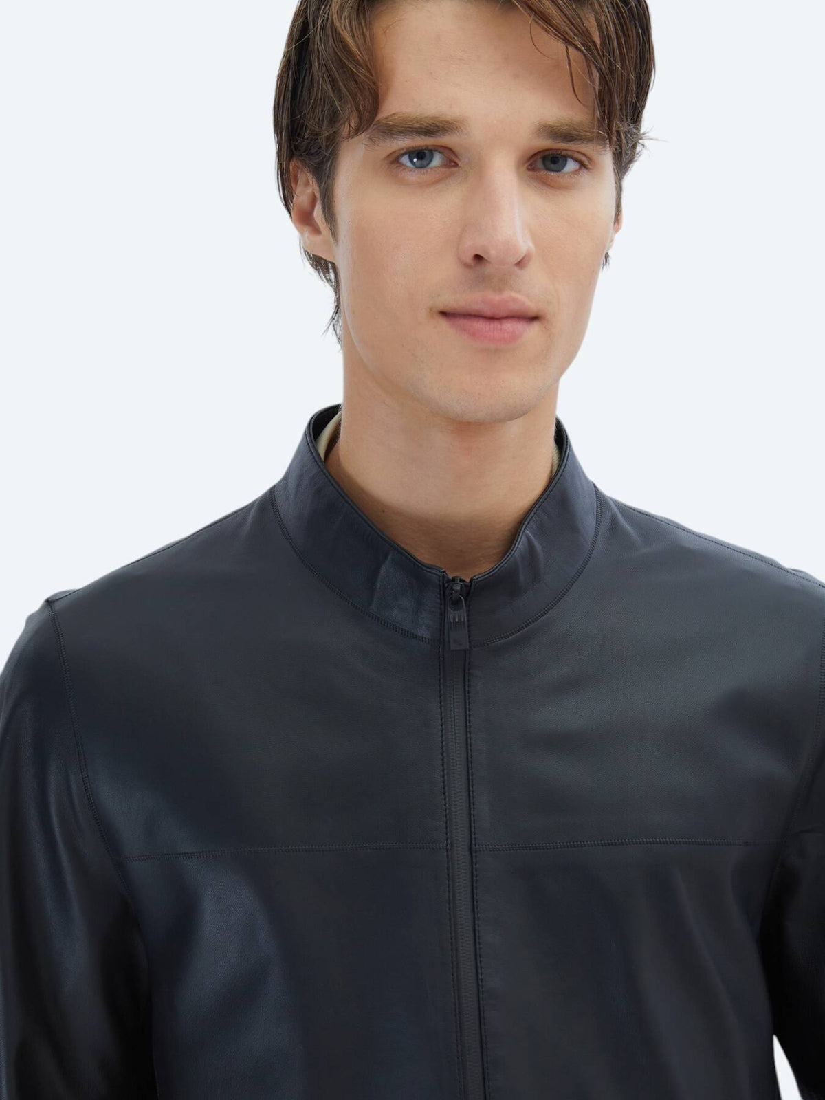 Siyah Regular Fit Dik Yaka Smart Casual Koyun Derisi Deri Mont