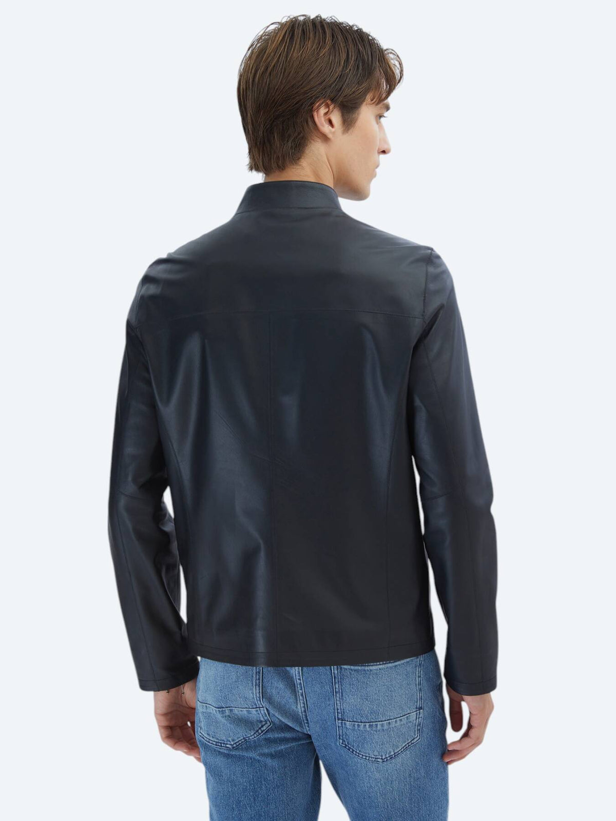 Siyah Regular Fit Dik Yaka Smart Casual Koyun Derisi Deri Mont