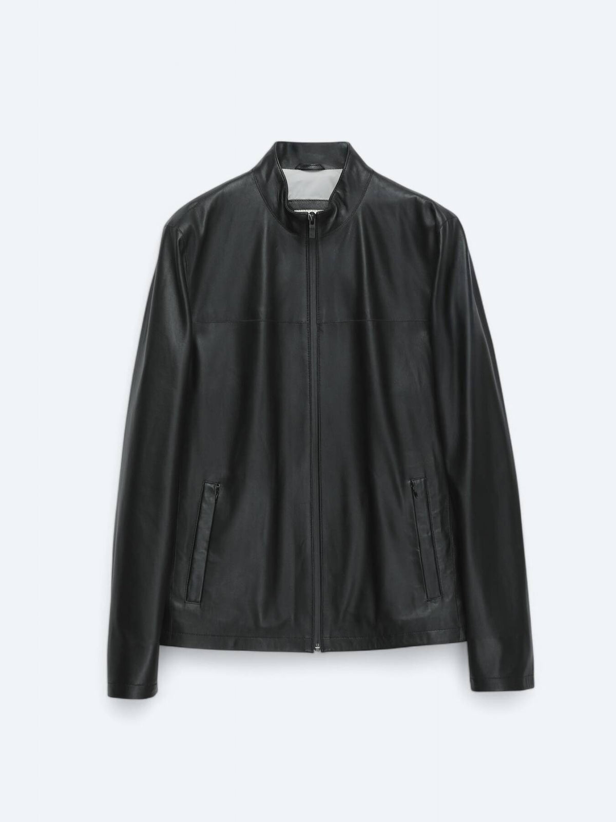Siyah Regular Fit Dik Yaka Smart Casual Koyun Derisi Deri Mont