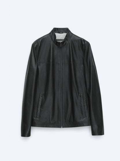 Siyah Regular Fit Dik Yaka Smart Casual Koyun Derisi Deri Mont