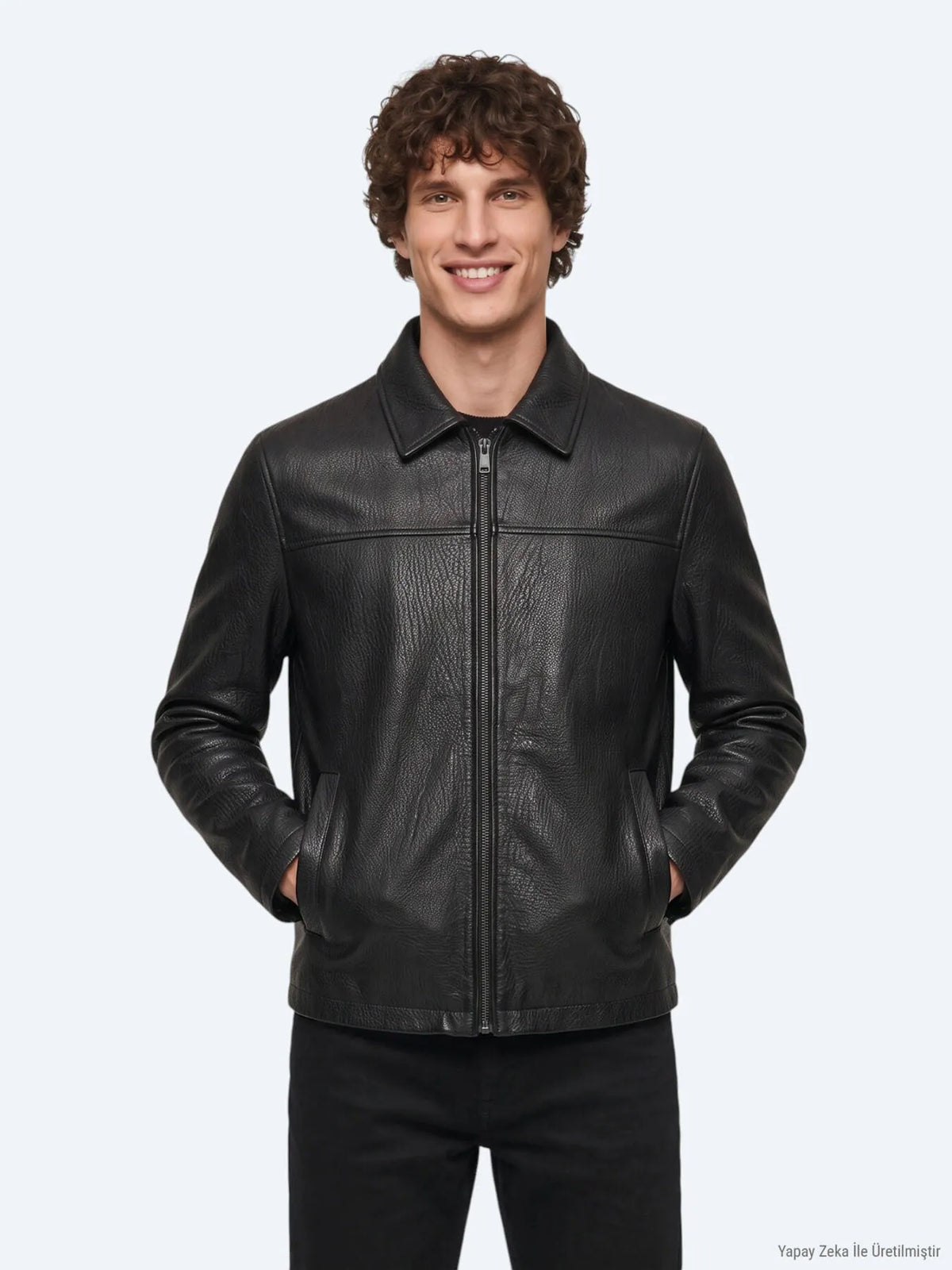 Siyah Regular Fit Gömlek Yaka Casual Deri Deri Mont