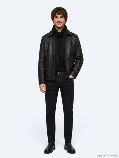 Siyah Regular Fit Gömlek Yaka Casual Deri Deri Mont