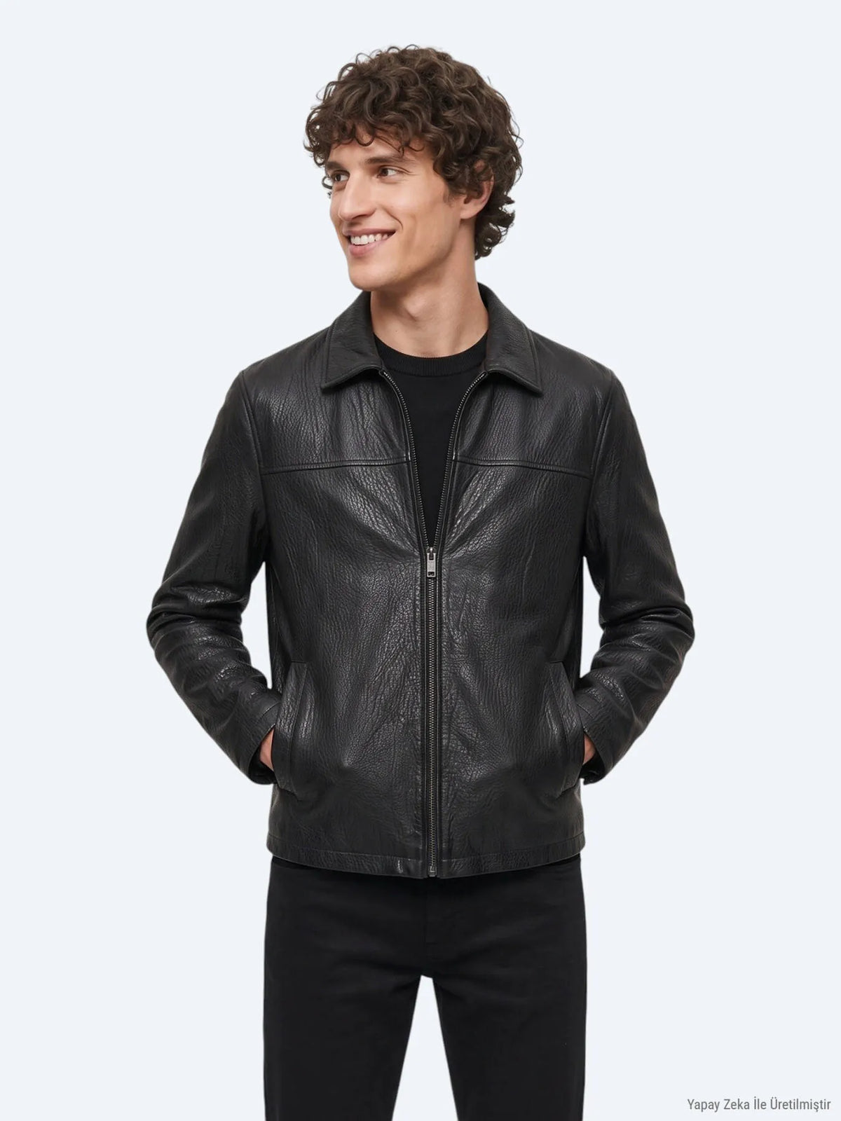 Siyah Regular Fit Gömlek Yaka Casual Deri Deri Mont