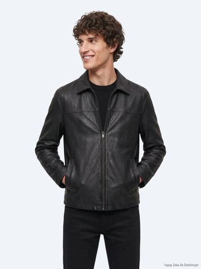 Siyah Regular Fit Gömlek Yaka Casual Deri Deri Mont