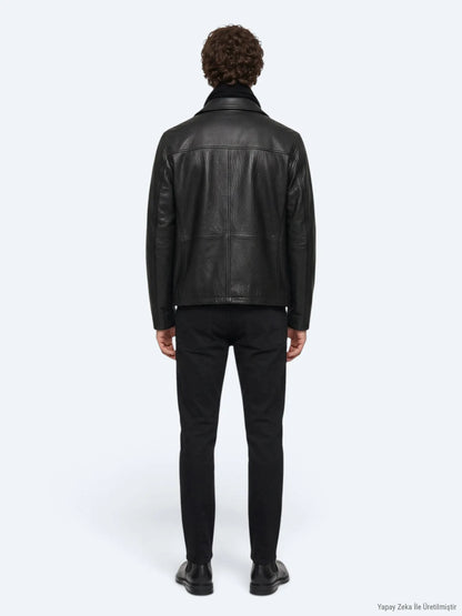 Siyah Regular Fit Gömlek Yaka Casual Deri Deri Mont