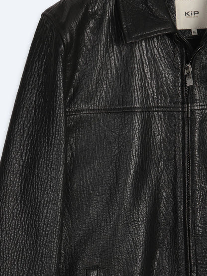 Siyah Regular Fit Gömlek Yaka Casual Deri Deri Mont
