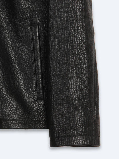 Siyah Regular Fit Gömlek Yaka Casual Deri Deri Mont