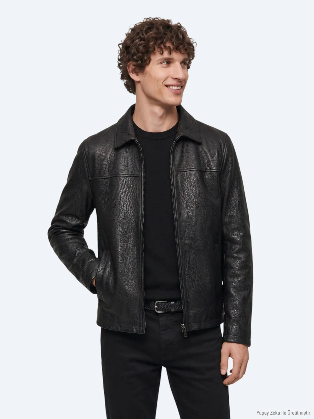 Siyah Regular Fit Gömlek Yaka Casual Deri Deri Mont