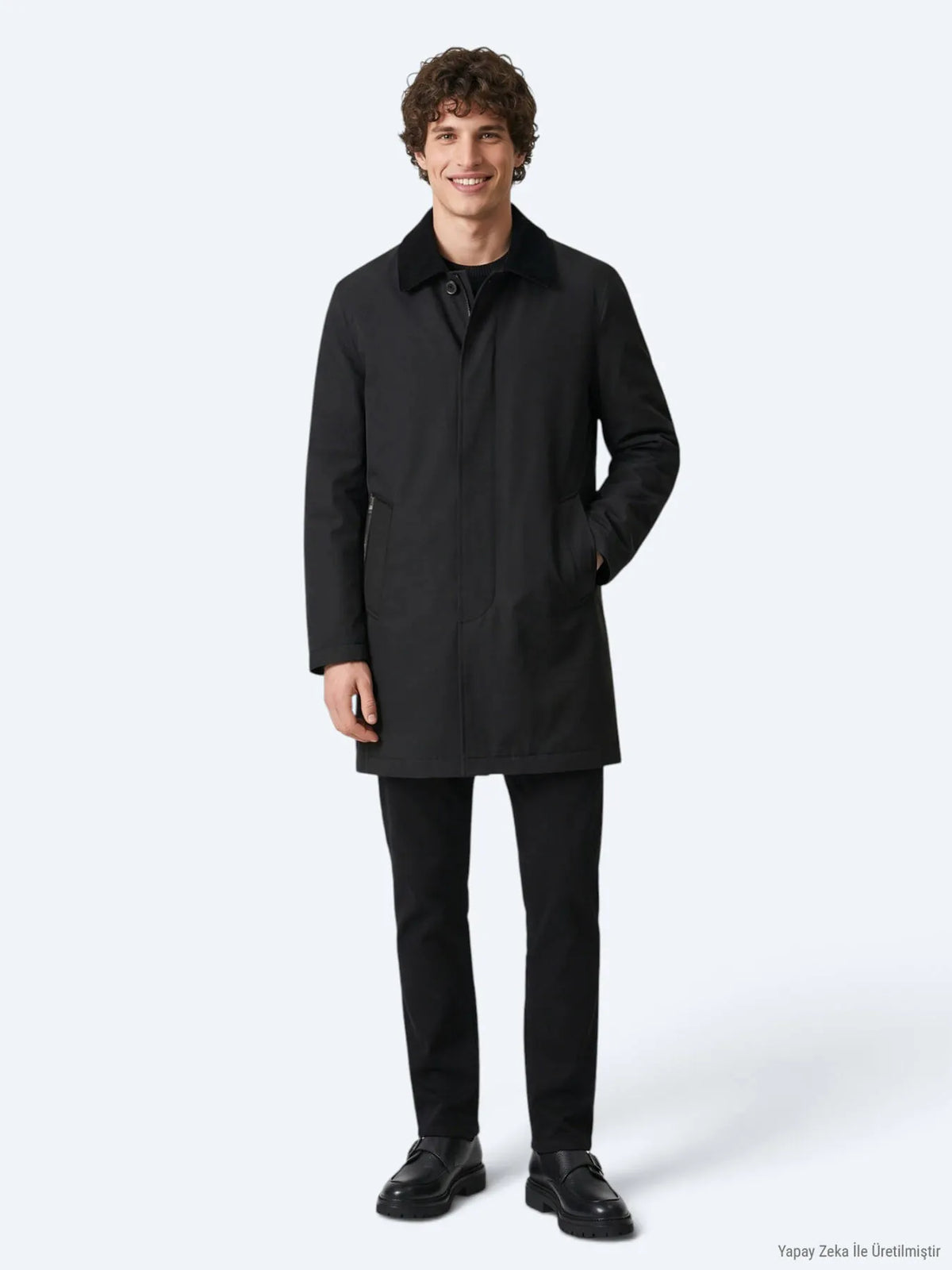 Siyah Regular Fit Gömlek Yaka Casual Dokuma Pardösü