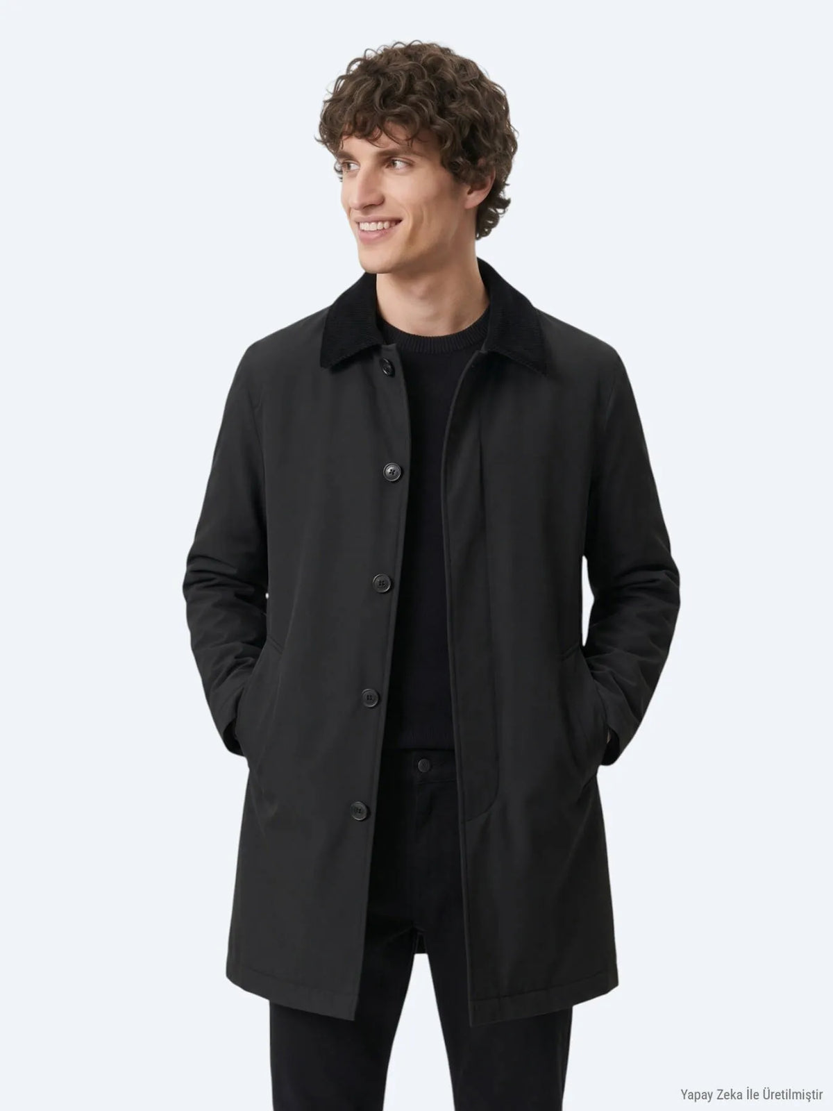 Siyah Regular Fit Gömlek Yaka Casual Dokuma Pardösü