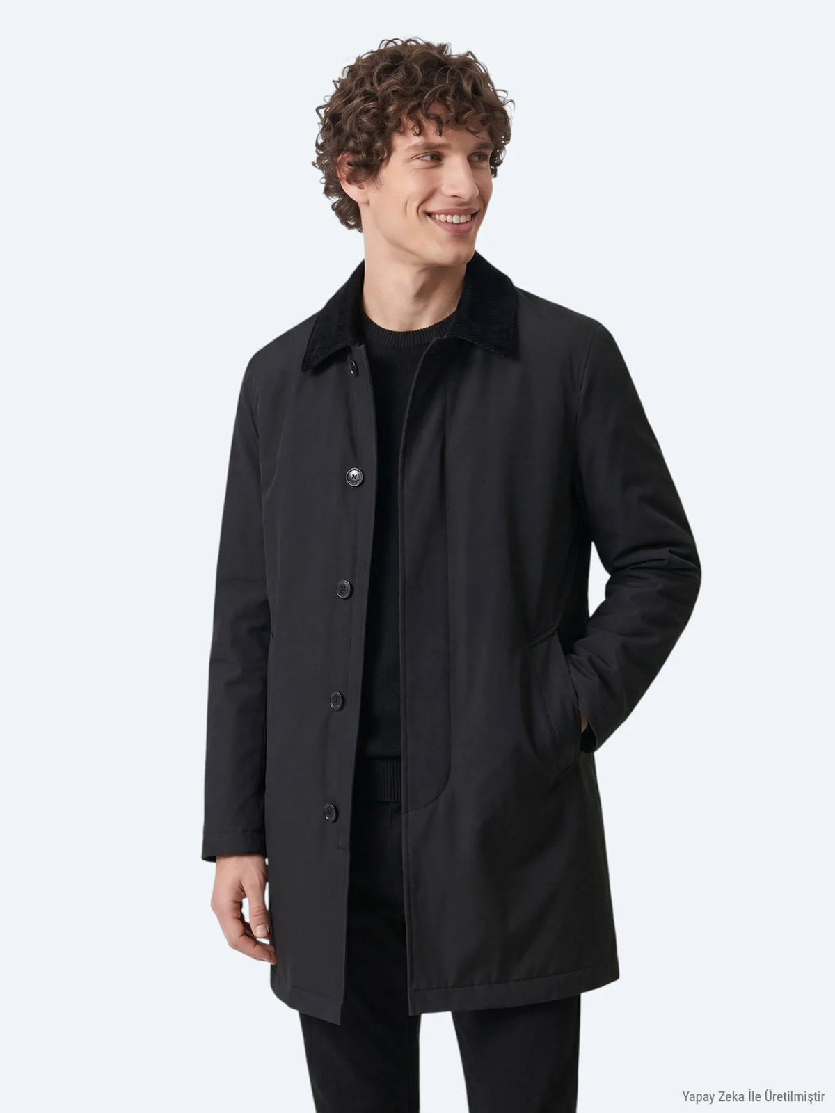 Siyah Regular Fit Gömlek Yaka Casual Dokuma Pardösü