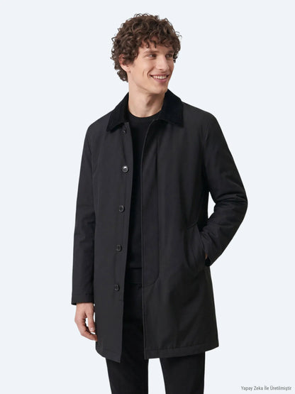 Siyah Regular Fit Gömlek Yaka Casual Dokuma Pardösü