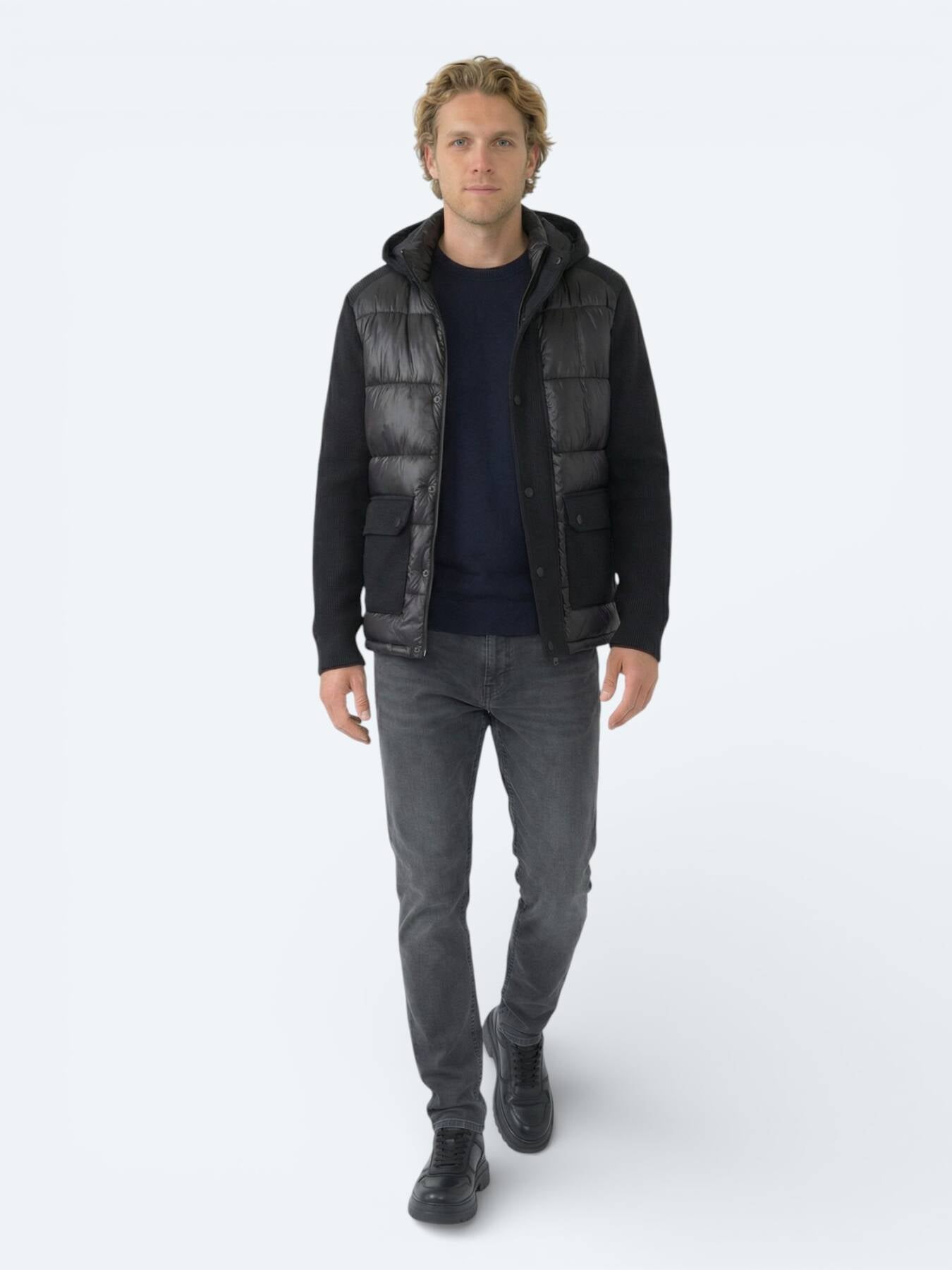 Siyah Regular Fit Kapüşonlu Casual Dokuma Mont