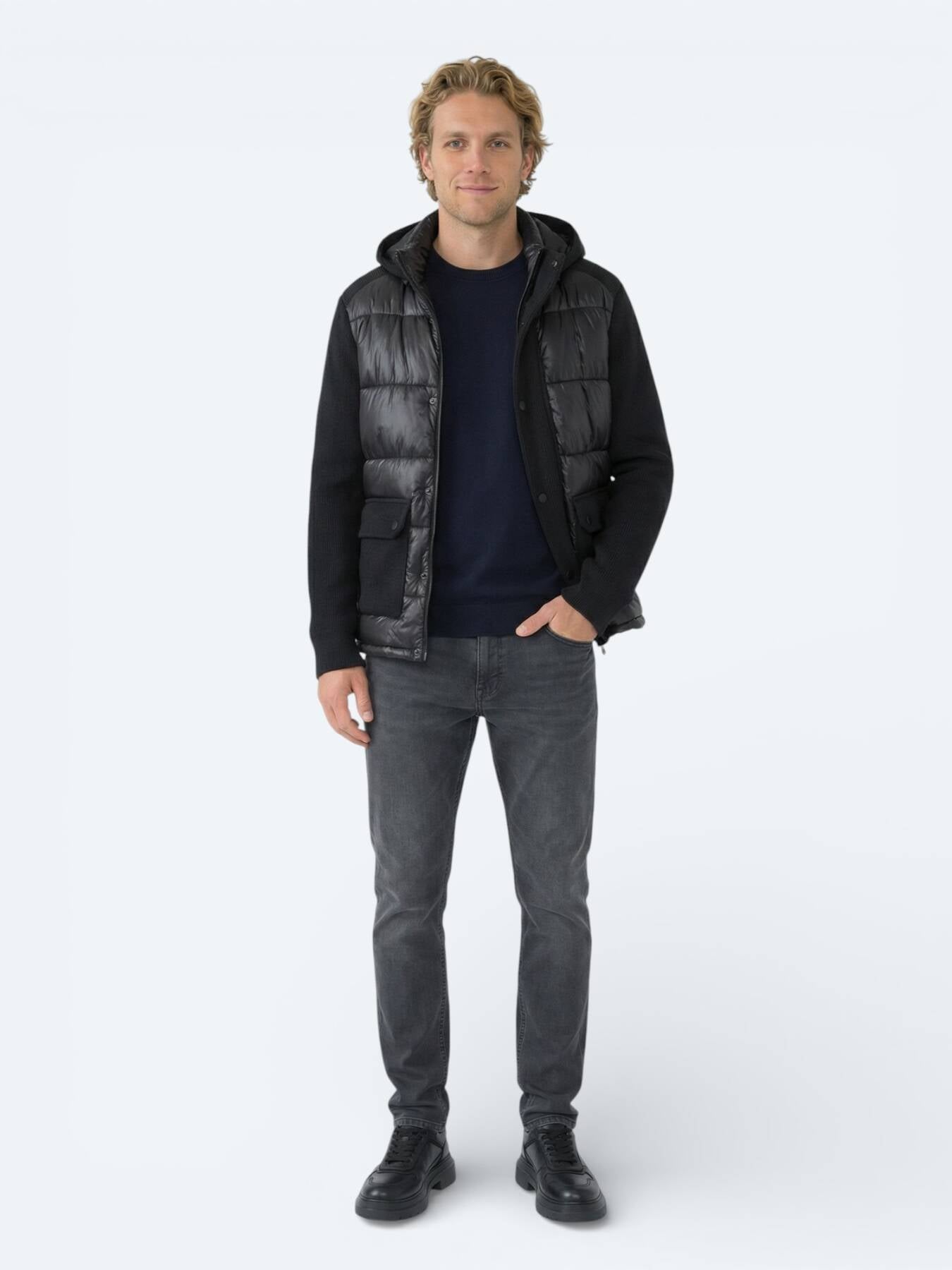 Siyah Regular Fit Kapüşonlu Casual Dokuma Mont