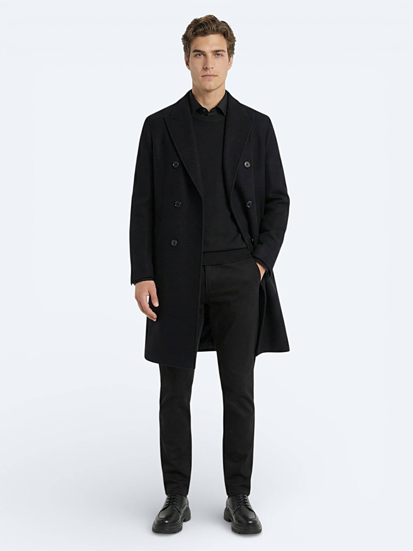 Siyah Regular Fit Kruvaze Yaka Klasik Dokuma Palto