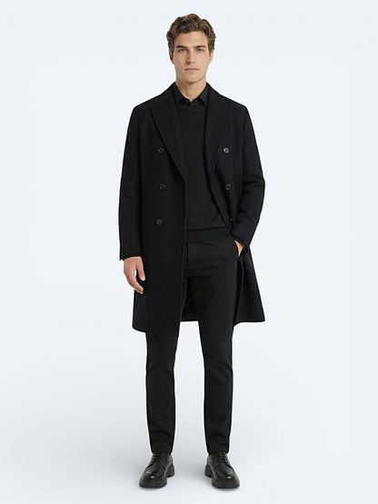 Siyah Regular Fit Kruvaze Yaka Klasik Dokuma Palto
